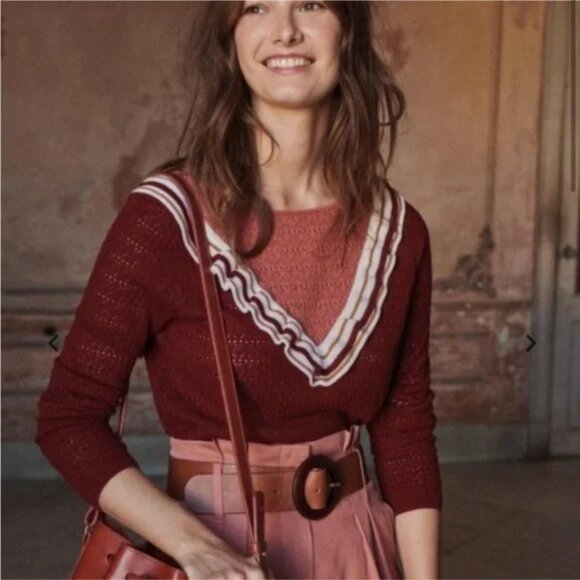 Sezane Mael La Maille Ruffle V Long Sleeve Sweater - Picture 1 of 6